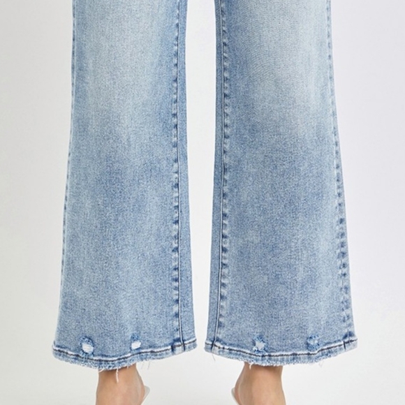 RISEN High-Rise Wide Leg Tummy Control Pants Distressed Cropped Denim Blue Jeans - Picture 12 of 15
